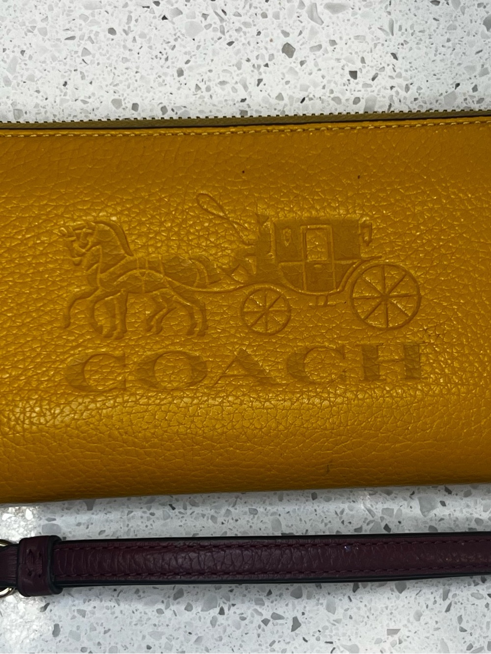 COACH Pebbled Leather Wristlet Clutch in Mustard Yellow with Burgundy Strap